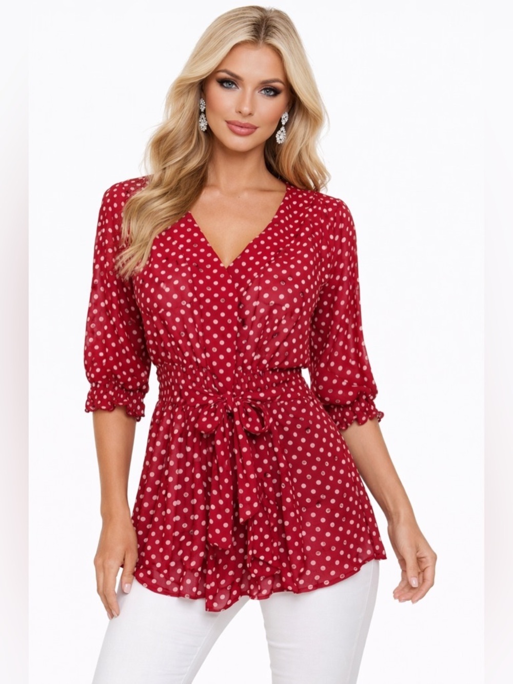 Simonton Says Red Polka Dot Tie Waist Blouse Top Size XS Sheer Button Up